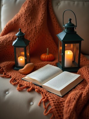 Cozy autumn atmosphere with lanterns and a book