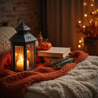 Cozy autumn evening with books and warm lantern light