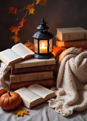 Cozy autumn arrangement with books and lantern light