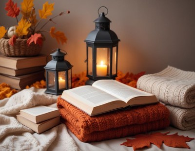 Cozy autumn setup with books and lanterns at home