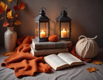 Cozy autumn evening with candles and books in a warm setting