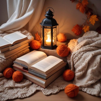 Cozy autumn atmosphere with books and warm lighting