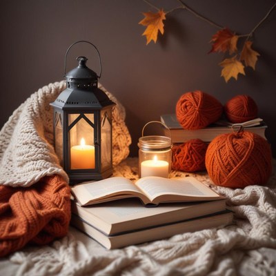 Cozy autumn evening with candles, books, and yarn