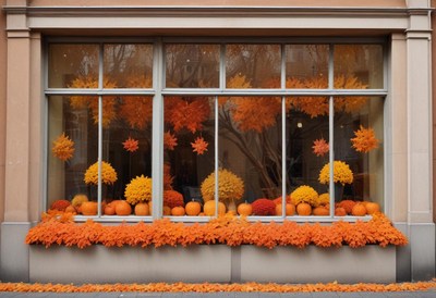 Autumn decorations brighten a city storefront display