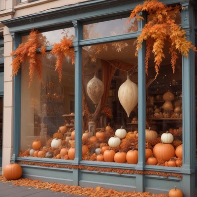 Fall display with pumpkins and autumn decorations in shop