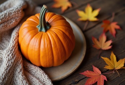 Fall decoration with pumpkin and autumn leaves