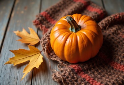Pumpkin on cozy knit with autumn leaves nearby