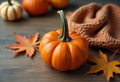 Colorful pumpkins and leaves create a cozy autumn atmosphere