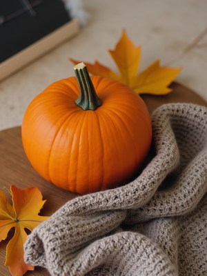 Pumpkin on wooden surface with autumn leaves and blanket