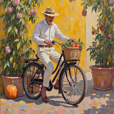 Man riding bicycle with basket of fruits in colorful garden