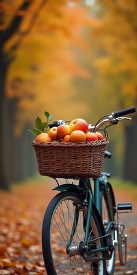 Bicycle with a basket full of apples in autumn colors