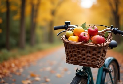 Bicycle with a basket of fresh apples in autumn park