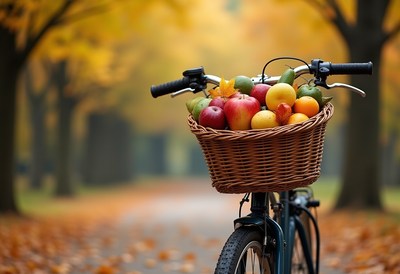 Bicycling with fresh fruits in autumn park