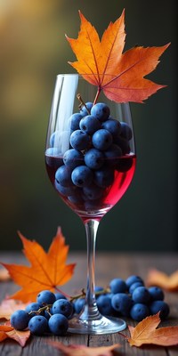 Grapes and autumn leaves in a glass of red drink