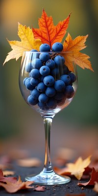 Blueberries in glass with autumn leaves decor