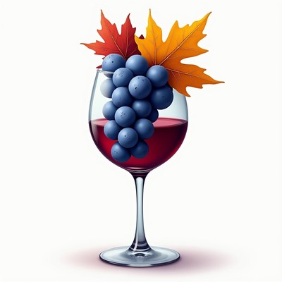 Vibrant glass of wine with grapes and autumn leaves