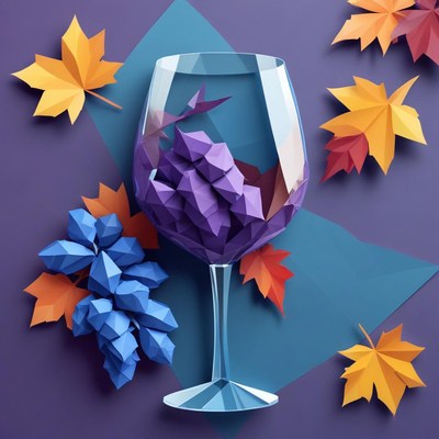 Creative paper art composition with glass and grapes