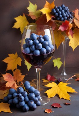 Vibrant grapes in glass with autumn leaves decor