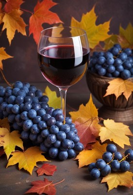 Fall still life with red wine and grapes on a rustic surface