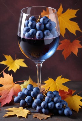 Fresh grapes and wine glass with autumn leaves decoration