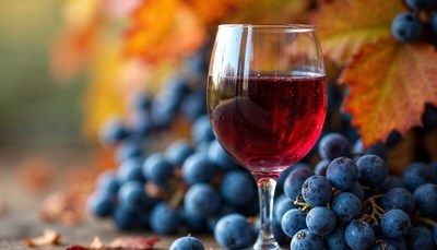 Wine glass filled with red liquid beside fresh grapes