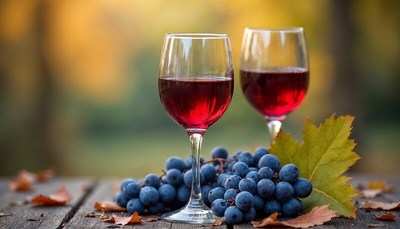 Beautiful red wine glasses with grapes at sunset