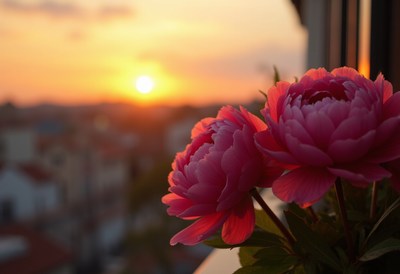 Sunset view with pink flowers on a balcony