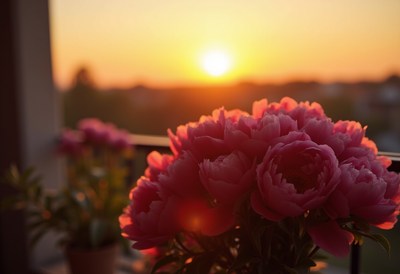 Beautiful sunset with peonies blooming on balcony