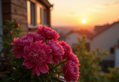 Pink peonies bloom at dusk on a warm summer evening
