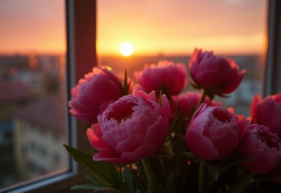 Peonies bloom in sunlight by the window at sunset
