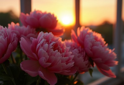 Beautiful pink peonies blooming at sunset in the garden