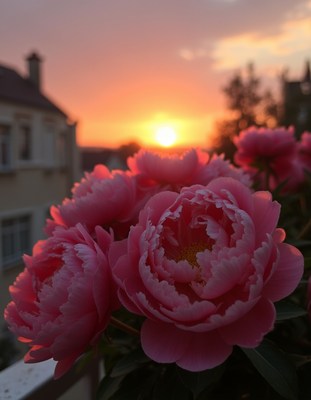 Sunset blooming peonies in a vibrant evening sky