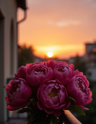Bouquet of peonies with sunset backdrop in serene evening