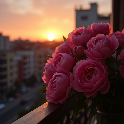 Pink flowers on a balcony at sunset in the city