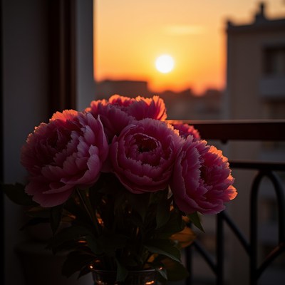 Beautiful peonies by the window at sunset