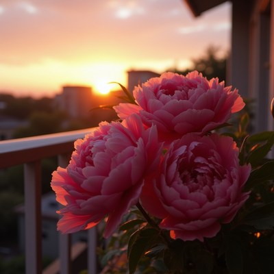 Beautiful pink peonies blooming at sunset on a balcony