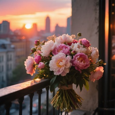 Stunning flower bouquet at sunset in urban setting