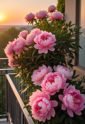 Beautiful pink peonies blooming at sunset on balcony