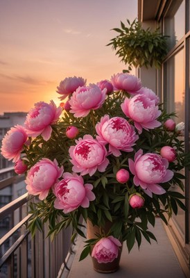 Beautiful peony flowers on a balcony at sunset
