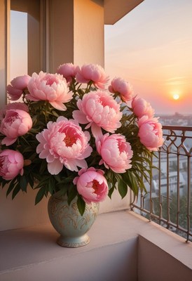 Peony bouquet glowing at sunset on a balcony