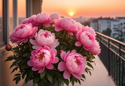 Beautiful peonies blooming at sunset on a balcony