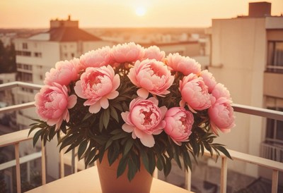 Peonies bloom beautifully at sunset in a city balcony garden