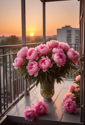 Pink peonies on balcony at sunset create a serene moment