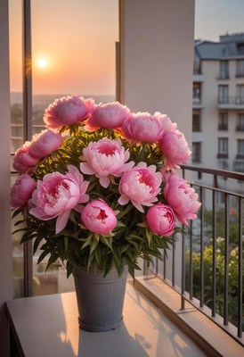 Pink peonies bloom in the morning sun on a balcony