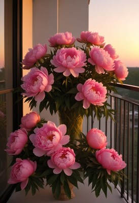 Beautiful peonies bloom at sunset on a balcony