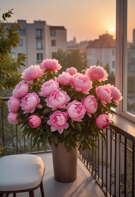 Beautiful pink peonies in a vase during sunset on a balcony