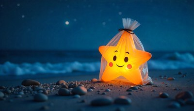 Glow star lantern on beach at night with smiling face