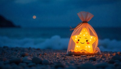 Glowing star lantern on the beach at dusk