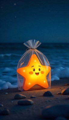 Glowing star lantern on beach at night near ocean