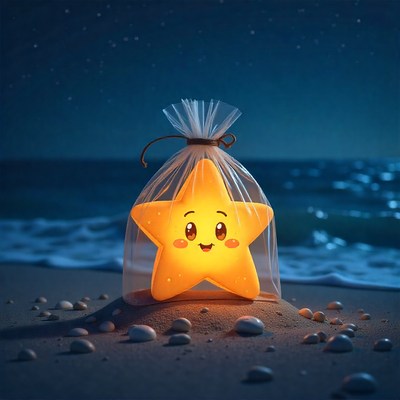 Glowing star lantern on a beach at night